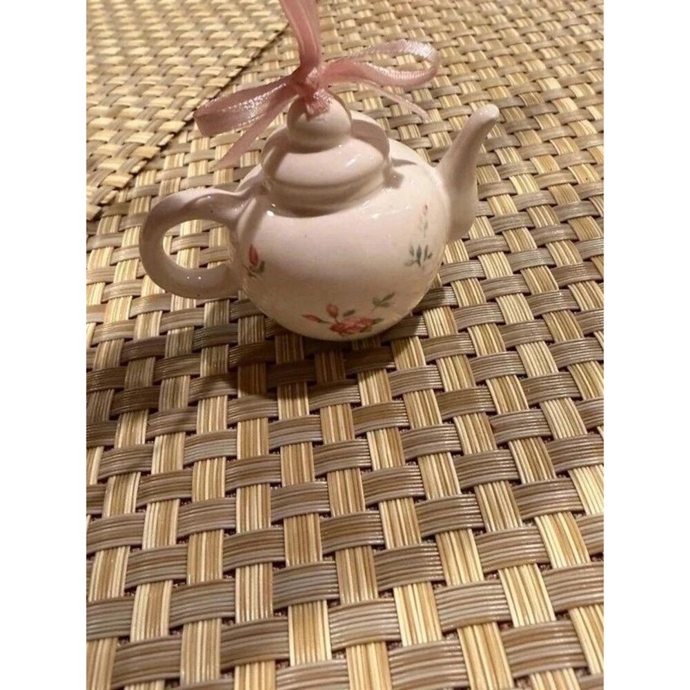 Vintage ceramic tea kettle Christmas ornament  floral pink and white adorable